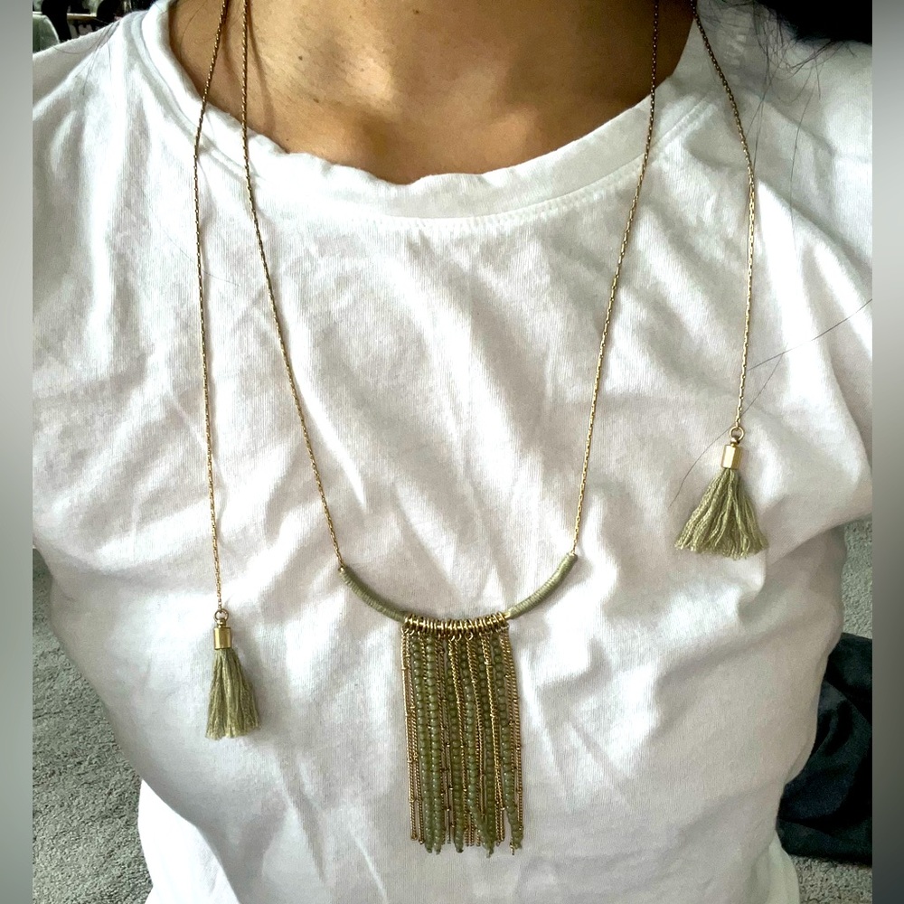 Lucky brand Green and gold necklace with beads and tassels